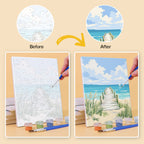Before and after of a Coastal Whites mini paint by numbers canvas