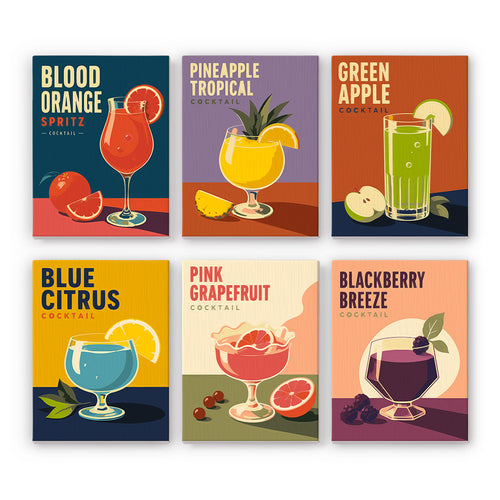 Cocktail Hour mini paint by numbers set: six retro cocktail posters with colorful drinks and fruit garnishes