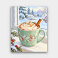 Cocoa by the Window paint by numbers kit of a mint mug of hot cocoa with whipped cream and a cinnamon stick on a snowy windowsill
