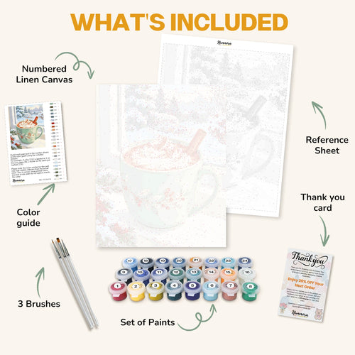 What's included in the Cocoa by the Window paint by numbers kit: numbered linen canvas, reference sheet, color guide, 24 acrylic paints, 3 brushes and thank you card