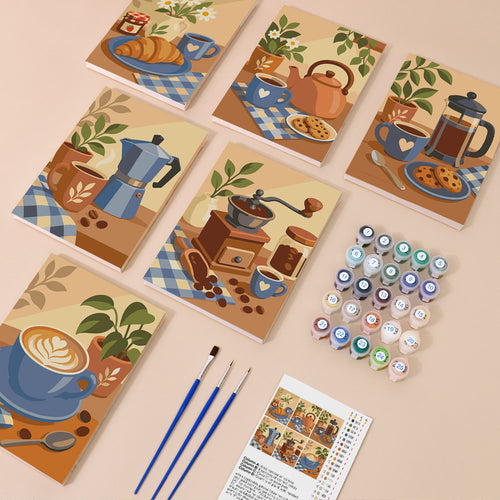 Coffee Corner mini paint by numbers kit with six numbered canvases, acrylic paints, brushes and layout