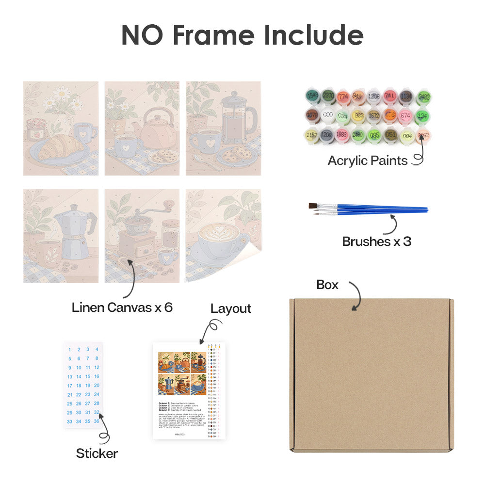 What's included without a frame: six rolled Coffee Corner mini canvases, acrylic paints, three brushes and layout