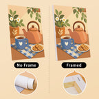 Coffee Corner mini canvas shown rolled without a frame and pre-stretched on a frame