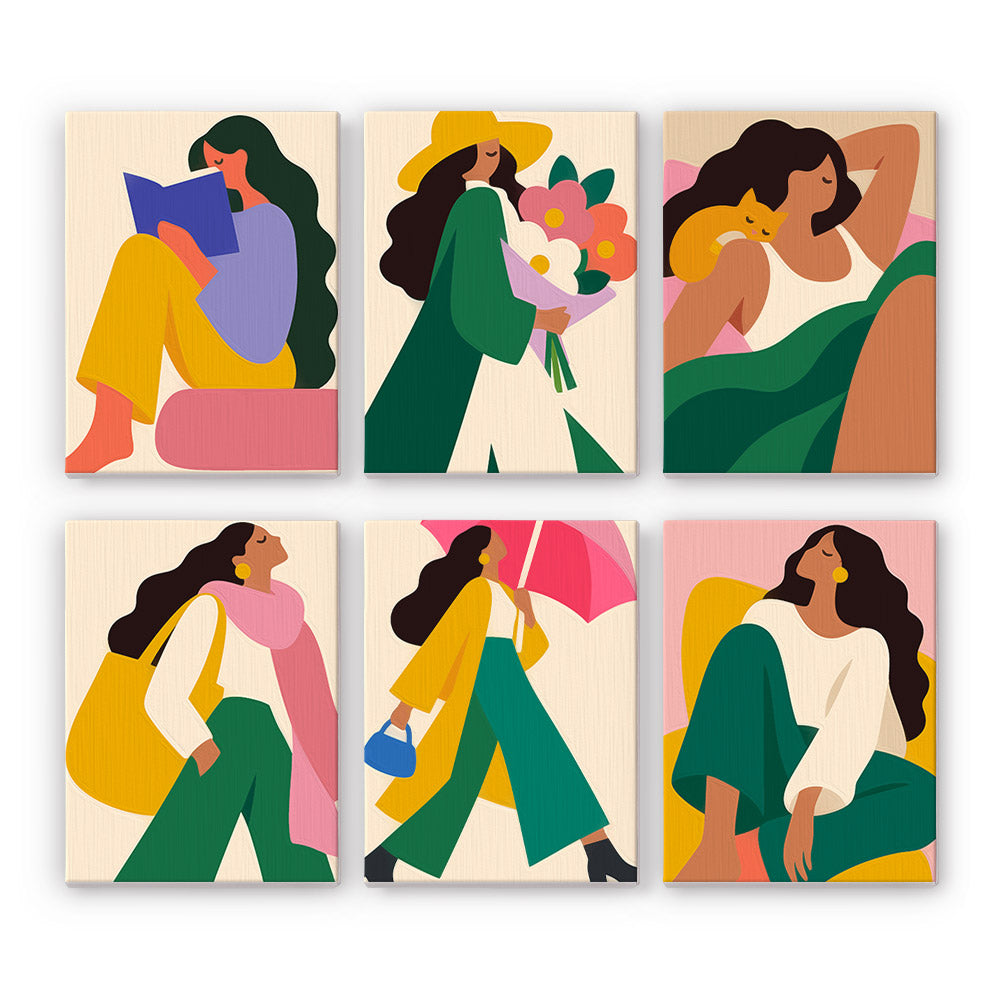 Color Block Ladies mini paint by numbers set: six modern illustrations of women reading, carrying flowers, relaxing and strolling