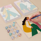 Painting one of the Color Block Ladies designs next to a stack of mini canvases