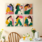 Color Block Ladies mini paintings displayed as a gallery wall in a sunny kitchen