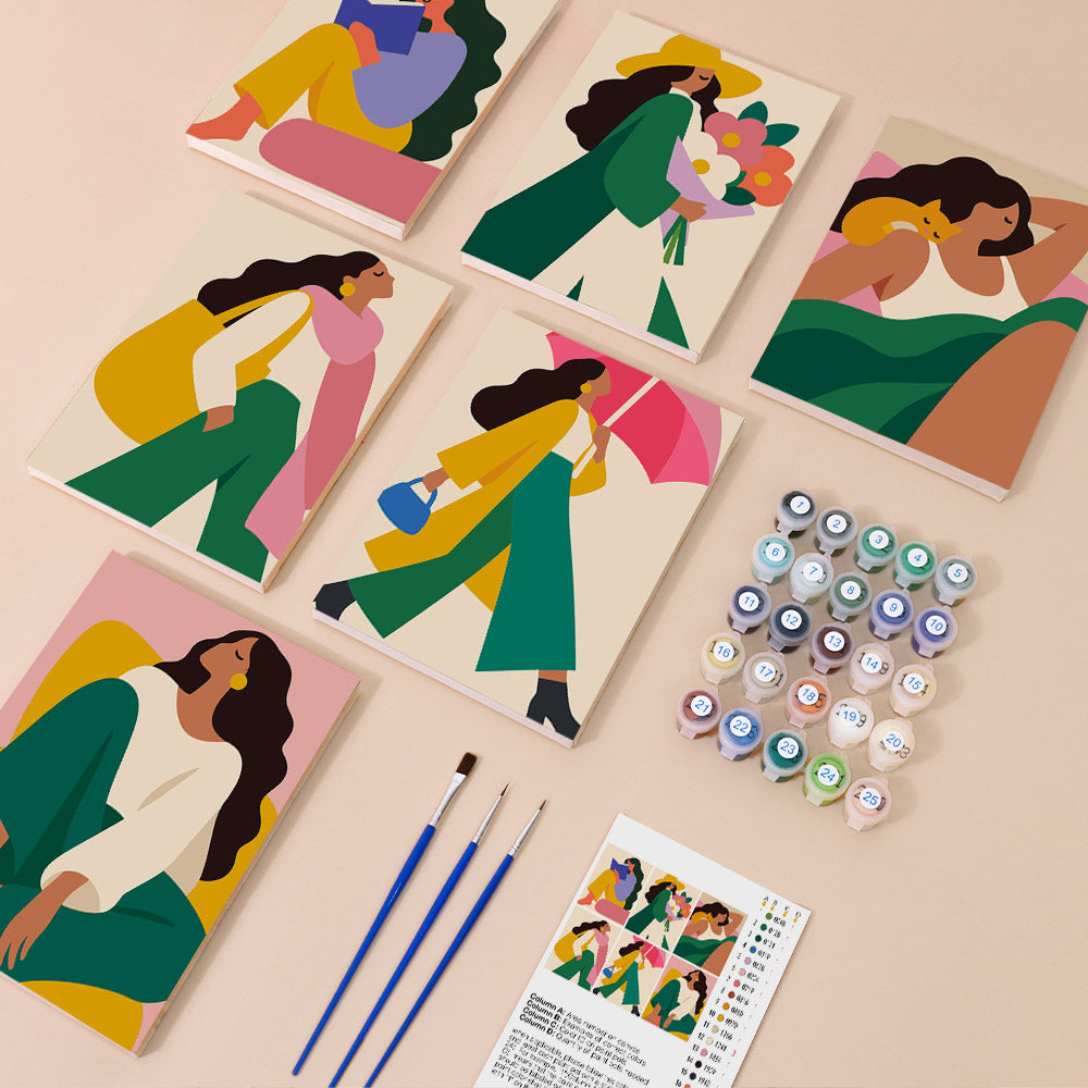 Color Block Ladies mini paint by numbers kit with six numbered canvases, acrylic paints, brushes and layout