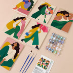 Color Block Ladies mini paint by numbers kit with six numbered canvases, acrylic paints, brushes and layout