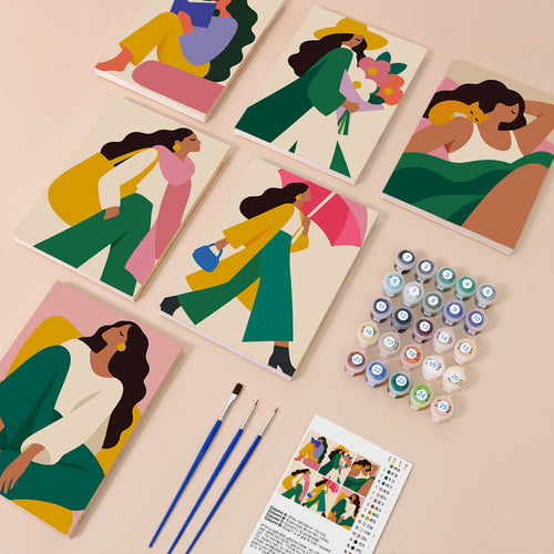 Color Block Ladies mini paint by numbers kit with six numbered canvases, acrylic paints, brushes and layout