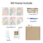 What's included without a frame: six rolled Color Block Ladies mini canvases, acrylic paints, three brushes and layout