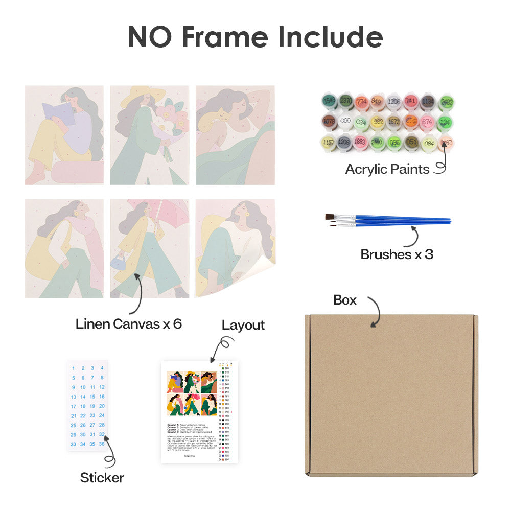 What's included without a frame: six rolled Color Block Ladies mini canvases, acrylic paints, three brushes and layout