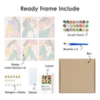 What's included pre-stretched on frame: six framed Color Block Ladies mini canvases, paints, three brushes, hangers and layout