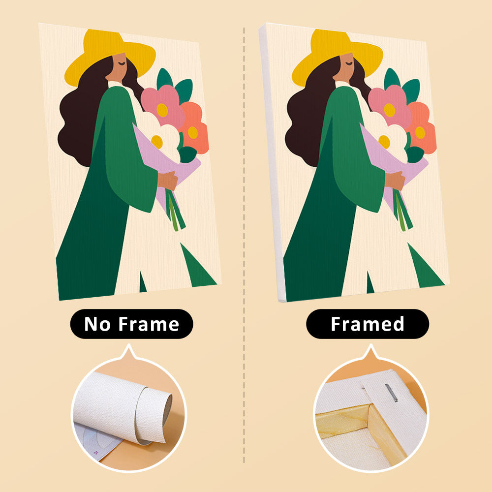 Color Block Ladies mini canvas shown rolled without a frame and pre-stretched on a frame