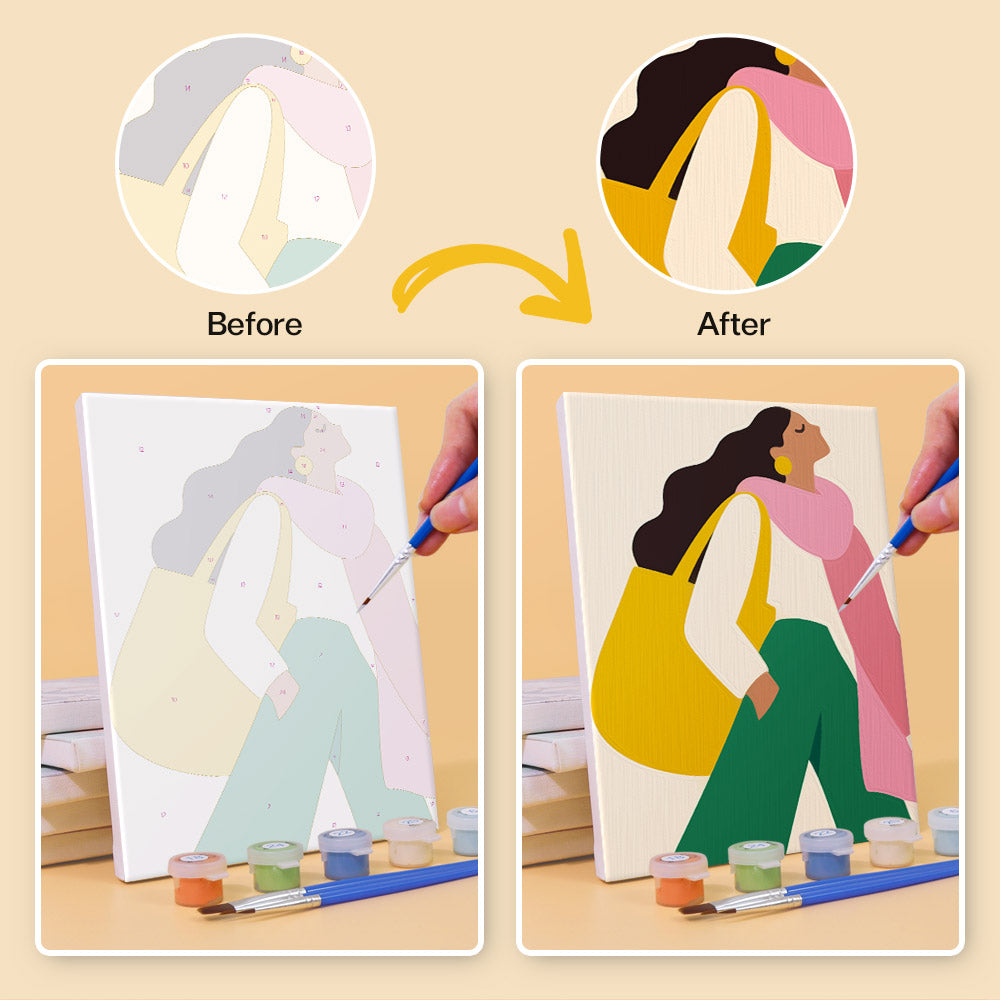 Before and after of a Color Block Ladies mini paint by numbers canvas
