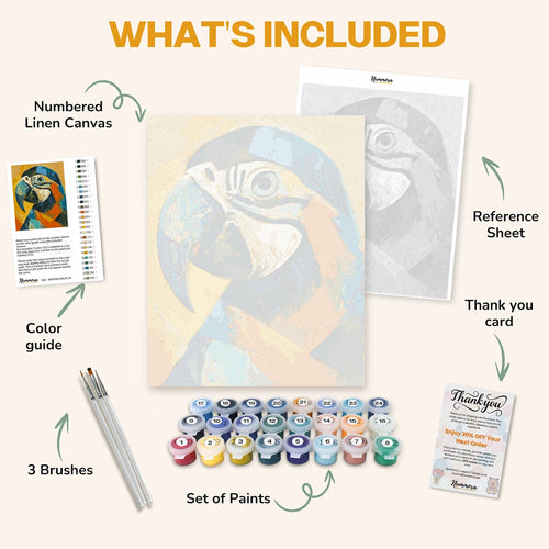 What's included in the Color Burst Parrot paint by numbers kit: numbered linen canvas, reference sheet, color guide, 24 acrylic paints, 3 brushes and thank you card
