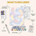 What's included in the Color Collision paint by numbers kit: numbered linen canvas, reference sheet, color guide, 24 acrylic paints, 3 brushes and thank you card