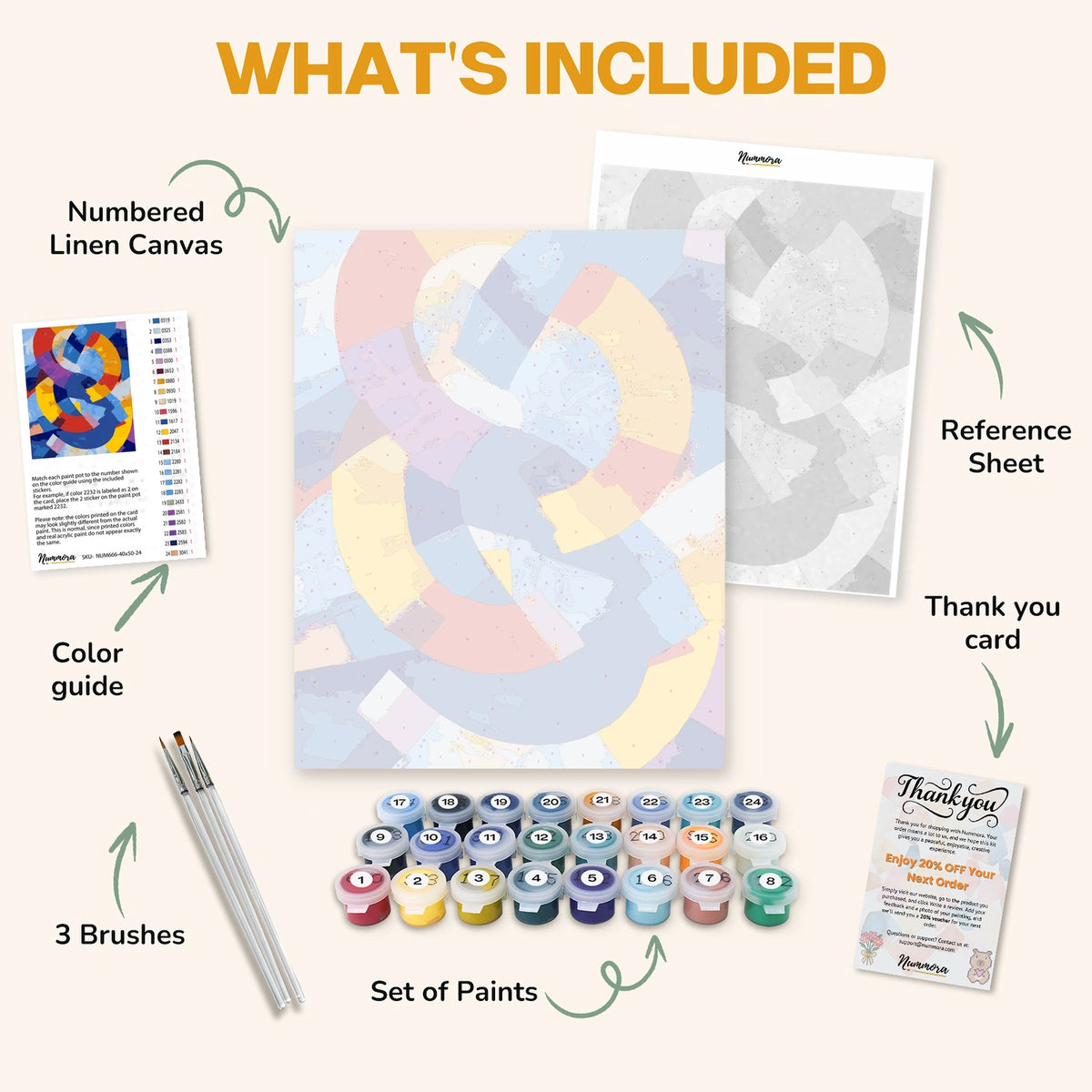 What's included in the Color Collision paint by numbers kit: numbered linen canvas, reference sheet, color guide, 24 acrylic paints, 3 brushes and thank you card