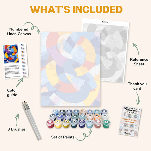 What's included in the Color Collision paint by numbers kit: numbered linen canvas, reference sheet, color guide, 24 acrylic paints, 3 brushes and thank you card