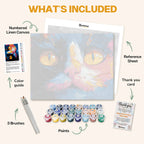 What's included in the Colorful Cat Face paint by numbers kit: numbered linen canvas, reference sheet, color guide, 24 acrylic paints, 3 brushes and thank you card