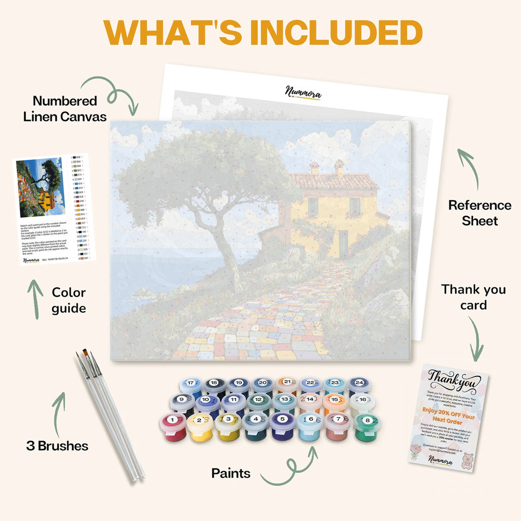 What's included in the Colorful Road Home paint by numbers kit: numbered linen canvas, reference sheet, color guide, 24 acrylic paints, 3 brushes and thank you card