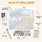 What's included in the Colorful Road Home paint by numbers kit: numbered linen canvas, reference sheet, color guide, 24 acrylic paints, 3 brushes and thank you card