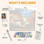 What's included in the Colors and Countryside paint by numbers kit: numbered linen canvas, reference sheet, color guide, 24 acrylic paints, 3 brushes and thank you card