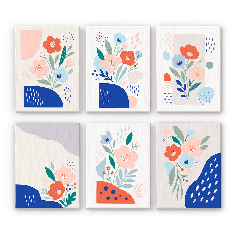 Confetti Petals mini paint by numbers set: six modern floral designs with pink and coral blooms and cobalt shapes