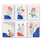 Confetti Petals mini paint by numbers set: six modern floral designs with pink and coral blooms and cobalt shapes