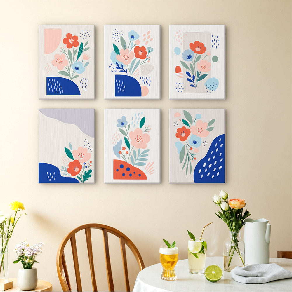 Confetti Petals mini paintings displayed as a gallery wall in a sunny kitchen