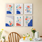 Confetti Petals mini paintings displayed as a gallery wall in a sunny kitchen