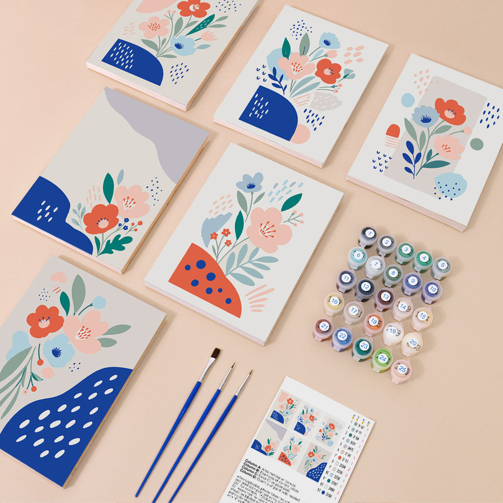 Confetti Petals mini paint by numbers kit with six numbered canvases, acrylic paints, brushes and layout