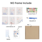 What's included without a frame: six rolled Confetti Petals mini canvases, acrylic paints, three brushes and layout