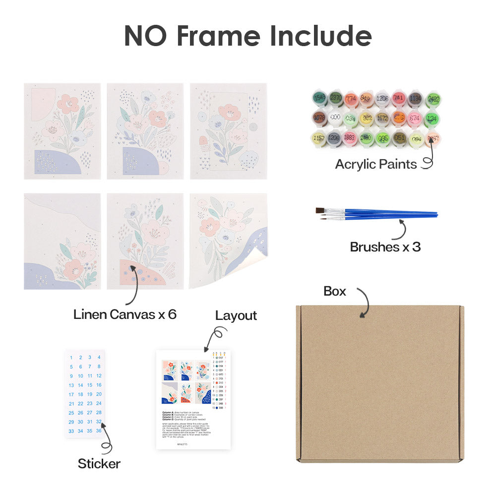 What's included without a frame: six rolled Confetti Petals mini canvases, acrylic paints, three brushes and layout