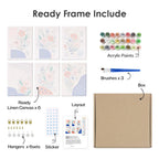 What's included pre-stretched on frame: six framed Confetti Petals mini canvases, paints, three brushes, hangers and layout