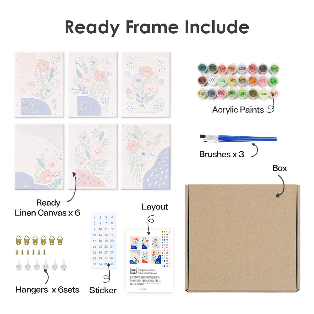 What's included pre-stretched on frame: six framed Confetti Petals mini canvases, paints, three brushes, hangers and layout