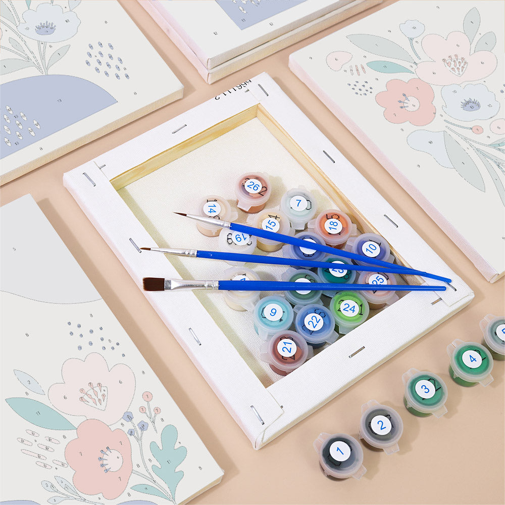 Numbered paint pots and brushes on a pre-stretched Confetti Petals mini canvas