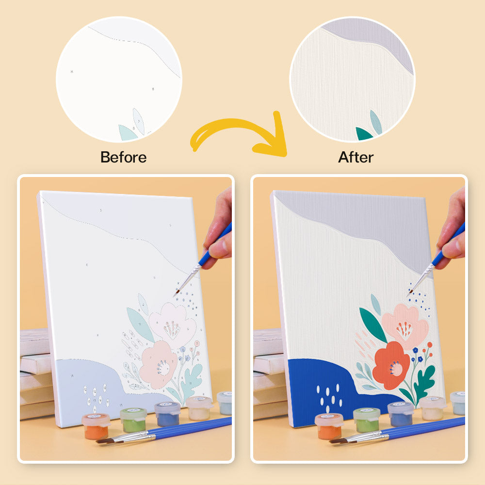 Before and after of a Confetti Petals mini paint by numbers canvas