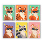 Cool Critters mini paint by numbers set: six cute animals in sunglasses, including a fawn, tiger, fox, bear, raccoon and bunny