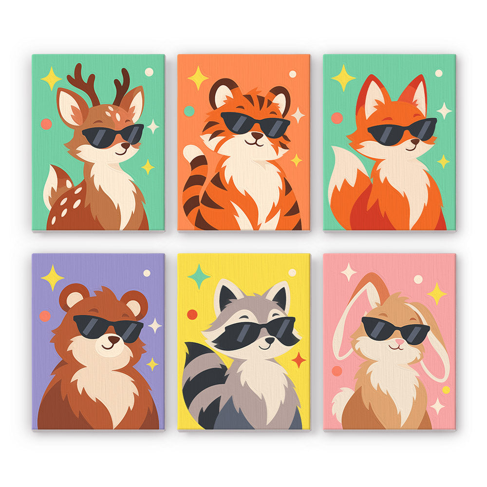 Cool Critters mini paint by numbers set: six cute animals in sunglasses, including a fawn, tiger, fox, bear, raccoon and bunny