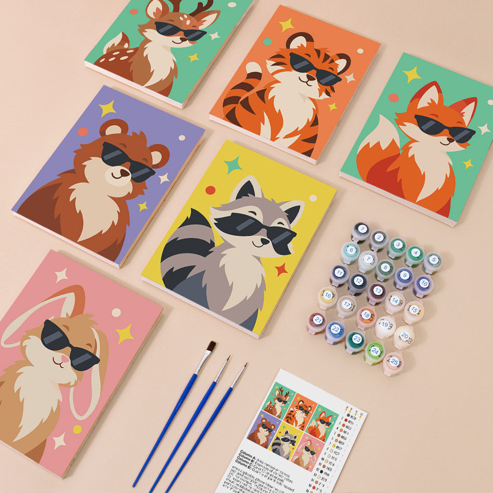 Cool Critters mini paint by numbers kit with six numbered canvases, acrylic paints, brushes and layout