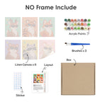 What's included without a frame: six rolled Cool Critters mini canvases, acrylic paints, three brushes and layout