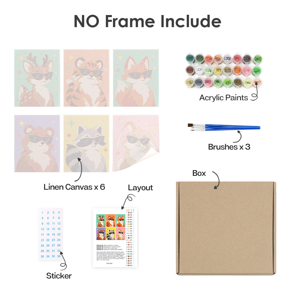 What's included without a frame: six rolled Cool Critters mini canvases, acrylic paints, three brushes and layout