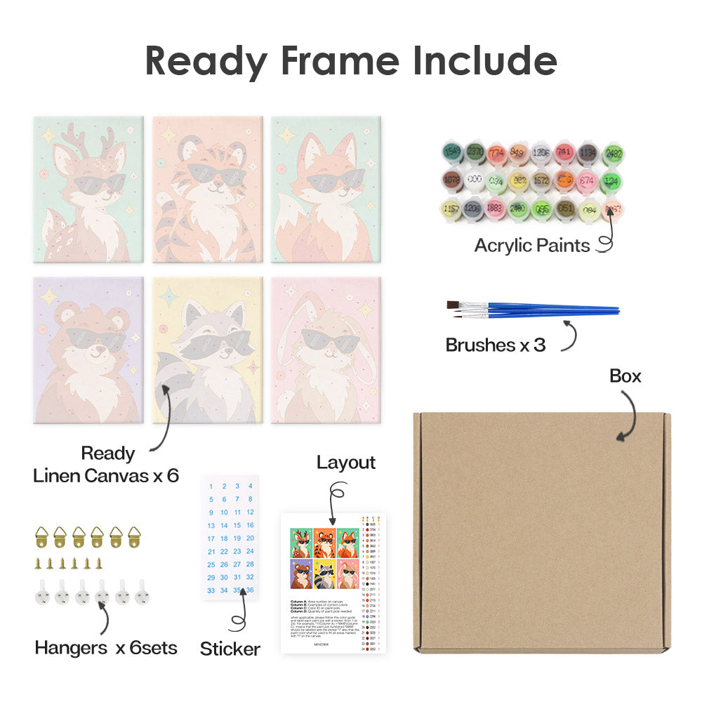 What's included pre-stretched on frame: six framed Cool Critters mini canvases, paints, three brushes, hangers and layout
