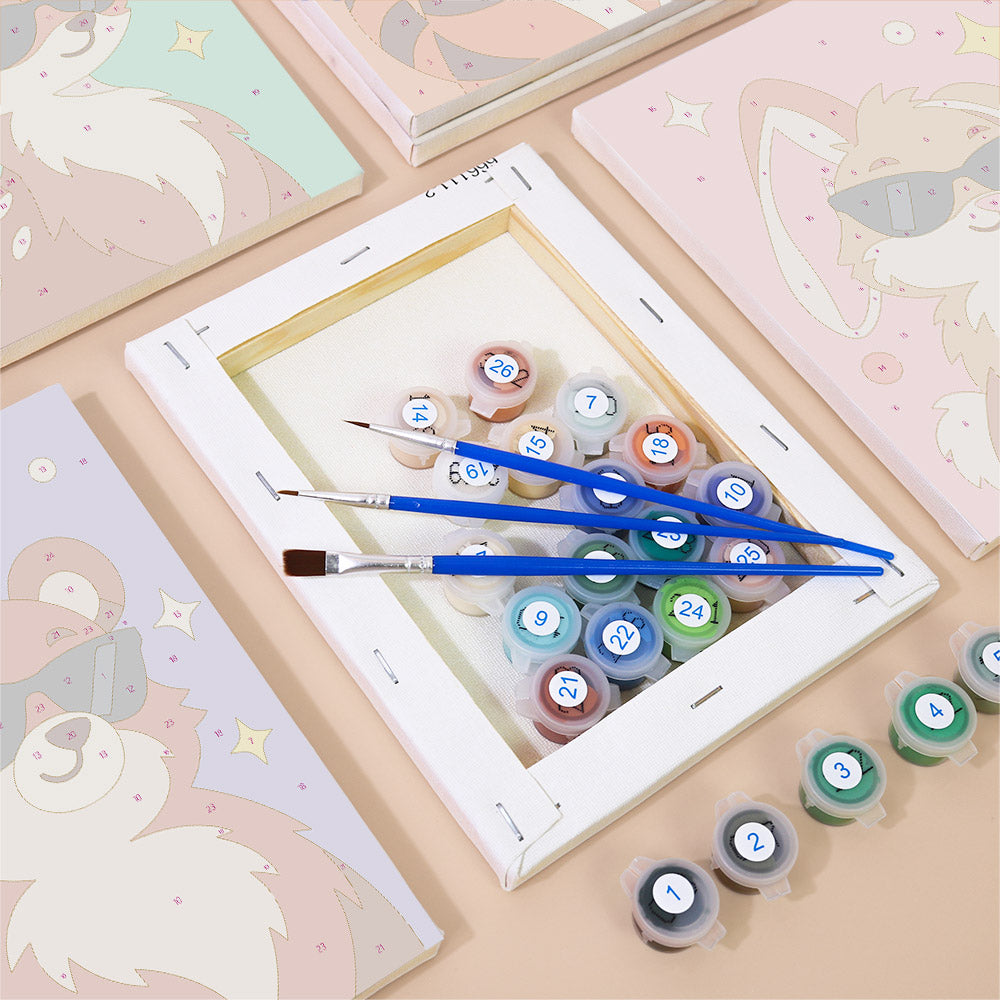 Numbered paint pots and brushes on a pre-stretched Cool Critters mini canvas