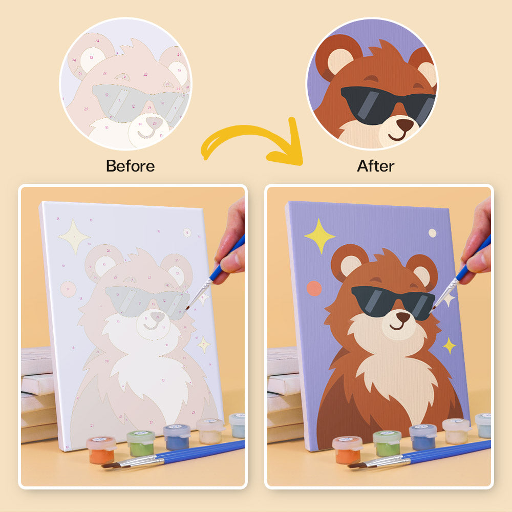 Before and after of a Cool Critters mini paint by numbers canvas