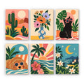 Cool Summer Vibes mini paint by numbers set: six retro designs of cactus, flowers, a cat and dog in sunglasses and sunsets