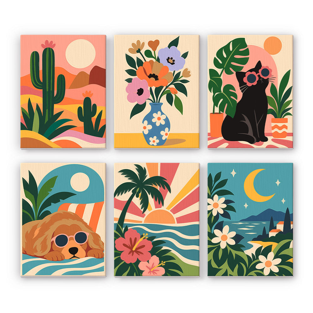 Cool Summer Vibes mini paint by numbers set: six retro designs of cactus, flowers, a cat and dog in sunglasses and sunsets