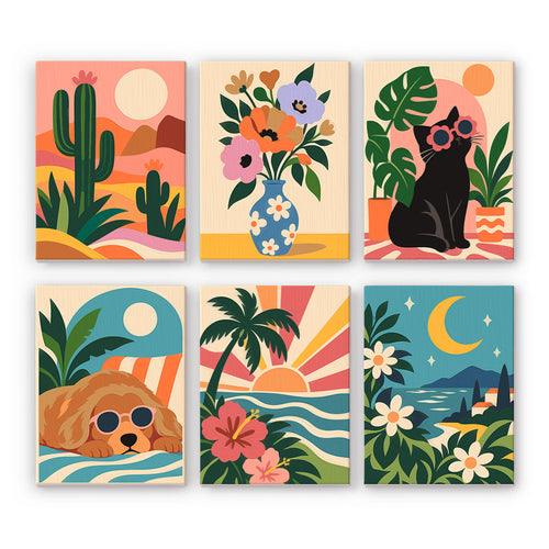 Cool Summer Vibes mini paint by numbers set: six retro designs of cactus, flowers, a cat and dog in sunglasses and sunsets