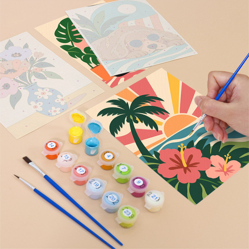 Filling in a Cool Summer Vibes mini canvas with numbered acrylic paints and a fine brush