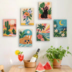 Six finished Cool Summer Vibes mini paintings hung on a wall above a table